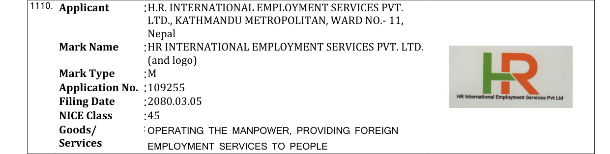 Original bulletin entry for HR INTERNATIONAL EMPLOYMENT SERVICES PVT. LTD. (and logo)