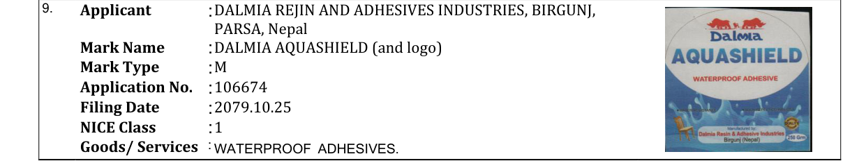Original bulletin entry for DALMIA AQUASHIELD (and logo)