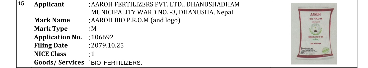 Original bulletin entry for AAROH BIO P.R.O.M (and logo)