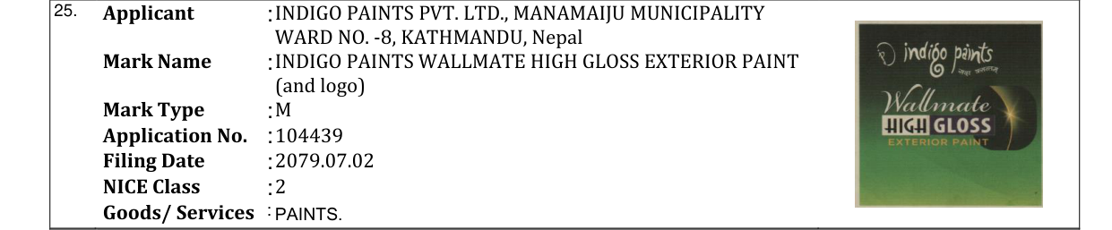 Original bulletin entry for INDIGO PAINTS WALLMATE HIGH GLOSS EXTERIOR PAINT (and logo)