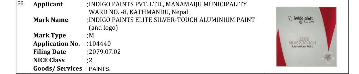 Original bulletin entry for INDIGO PAINTS ELITE SILVER-TOUCH ALUMINIUM PAINT (and logo)