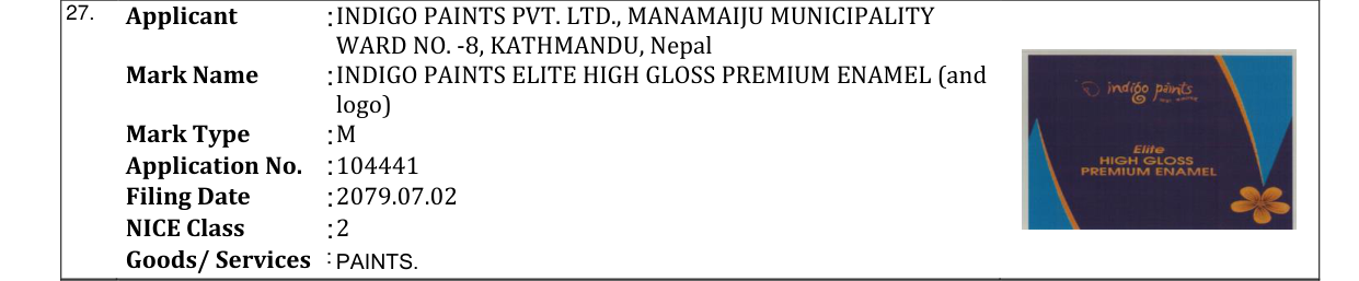 Original bulletin entry for INDIGO PAINTS ELITE HIGH GLOSS PREMIUM ENAMEL (and logo)