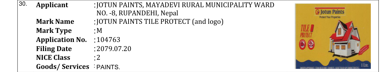 Original bulletin entry for JOTUN PAINTS TILE PROTECT (and logo)