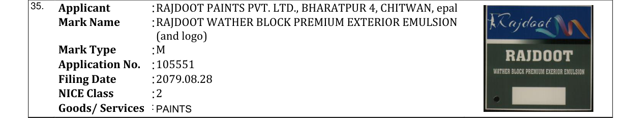 Original bulletin entry for RAJDOOT WATHER BLOCK PREMIUM EXTERIOR EMULSION (and logo)