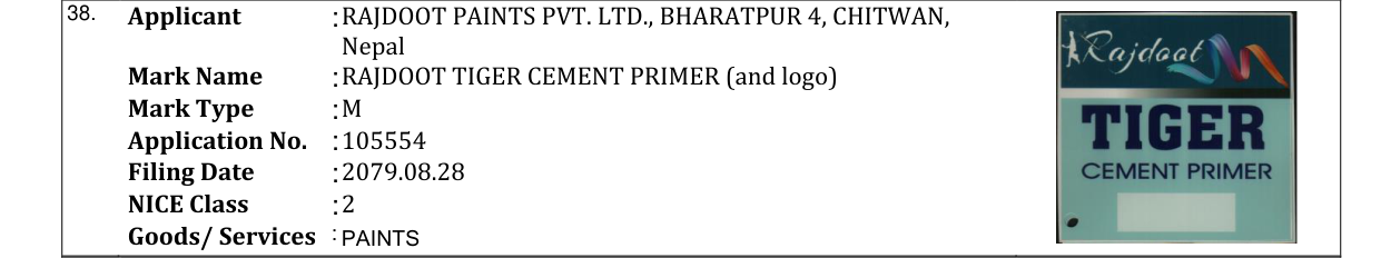 Original bulletin entry for RAJDOOT TIGER CEMENT PRIMER (and logo)