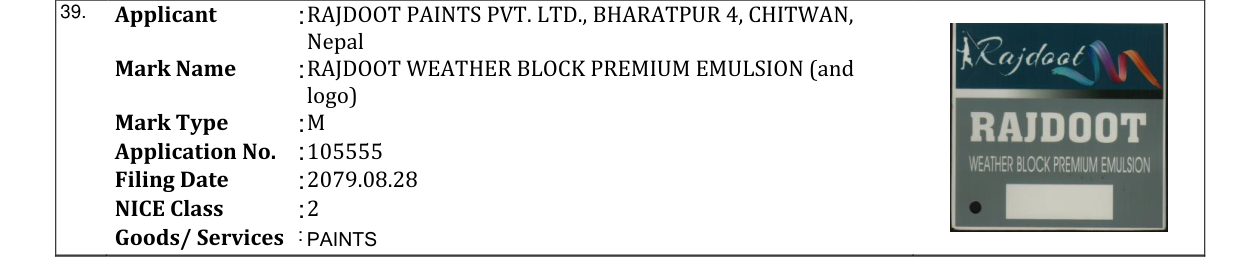 Original bulletin entry for RAJDOOT WEATHER BLOCK PREMIUM EMULSION (and logo)