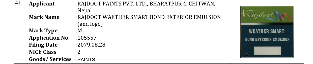 Original bulletin entry for RAJDOOT WAETHER SMART BOND EXTERIOR EMULSION (and logo)