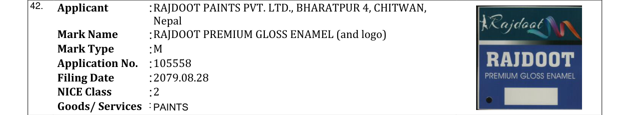 Original bulletin entry for RAJDOOT PREMIUM GLOSS ENAMEL (and logo)