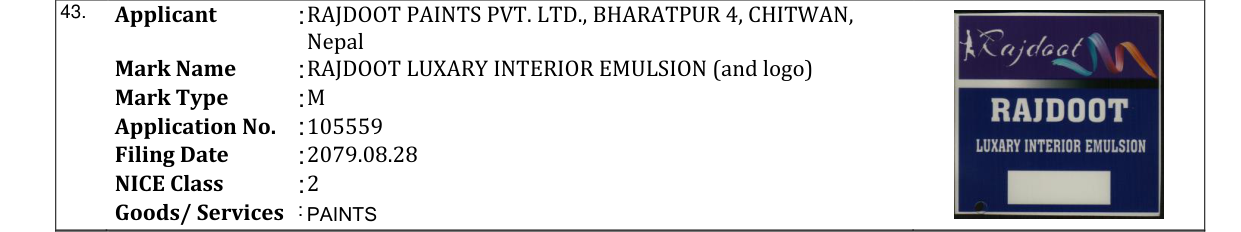 Original bulletin entry for RAJDOOT LUXARY INTERIOR EMULSION (and logo)