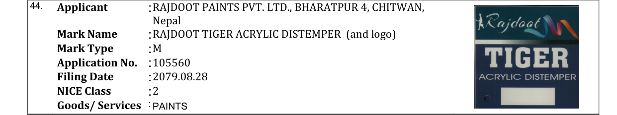 Original bulletin entry for RAJDOOT TIGER ACRYLIC DISTEMPER (and logo)