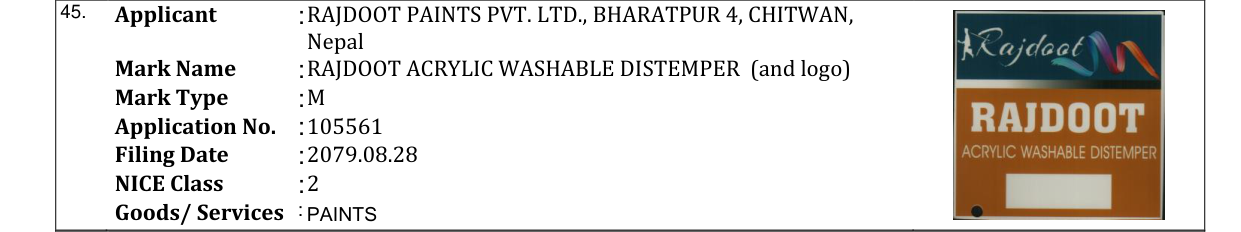 Original bulletin entry for RAJDOOT ACRYLIC WASHABLE DISTEMPER (and logo)