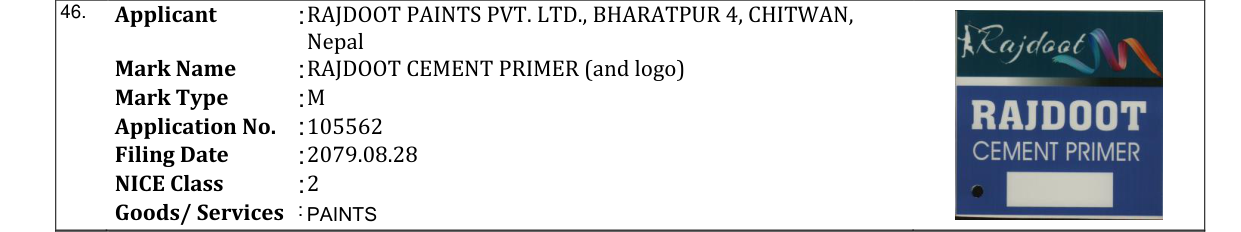 Original bulletin entry for RAJDOOT CEMENT PRIMER (and logo)