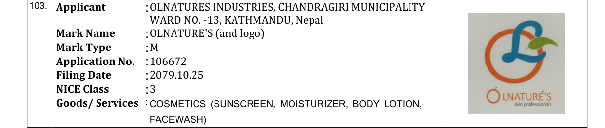 Original bulletin entry for OLNATURE'S (and logo)