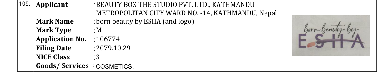 Original bulletin entry for born beauty by ESHA (and logo)