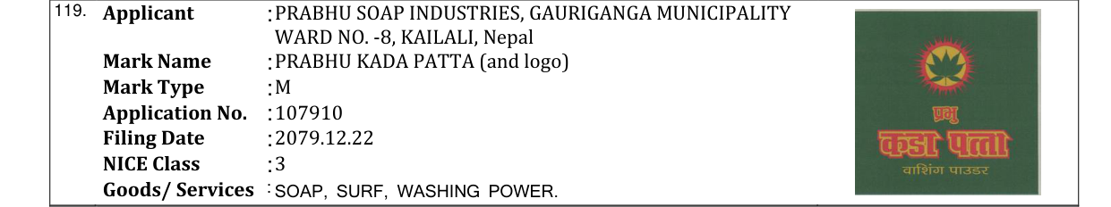 Original bulletin entry for PRABHU KADA PATTA (and logo)