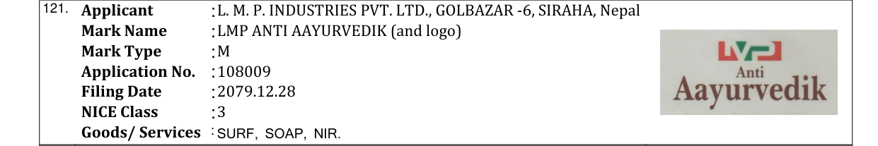 Original bulletin entry for LMP ANTI AAYURVEDIK (and logo)