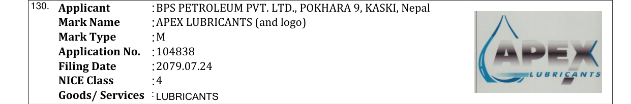 Original bulletin entry for APEX LUBRICANTS (and logo)