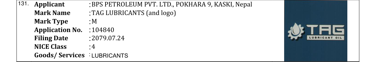 Original bulletin entry for TAG LUBRICANTS (and logo)