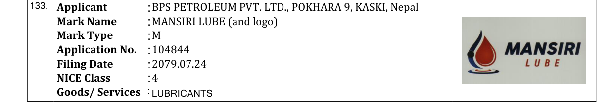 Original bulletin entry for MANSIRI LUBE (and logo)
