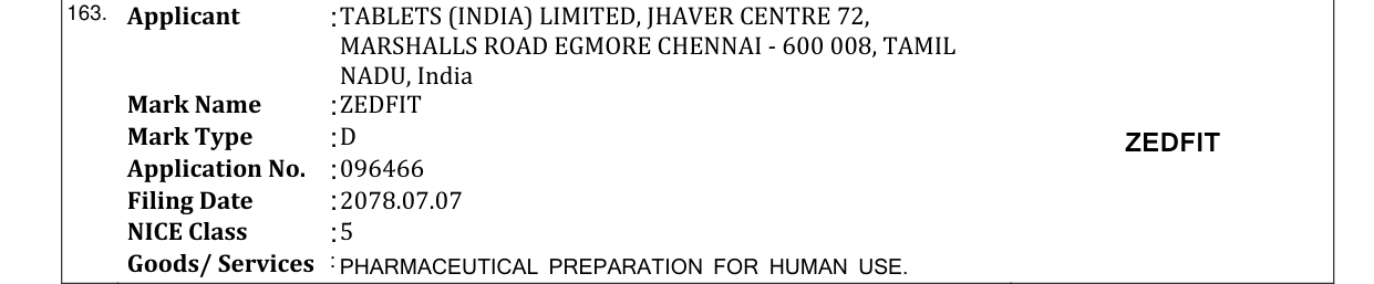 Original bulletin entry for ZEDFIT