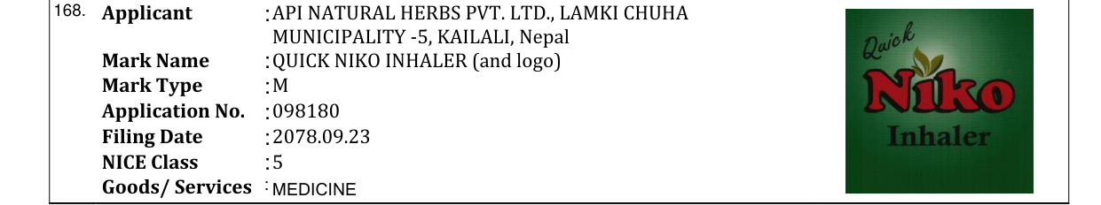 Original bulletin entry for QUICK NIKO INHALER (and logo)