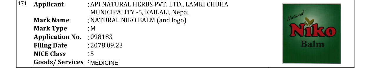 Original bulletin entry for NATURAL NIKO BALM (and logo)