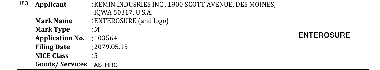 Original bulletin entry for ENTEROSURE (and logo)