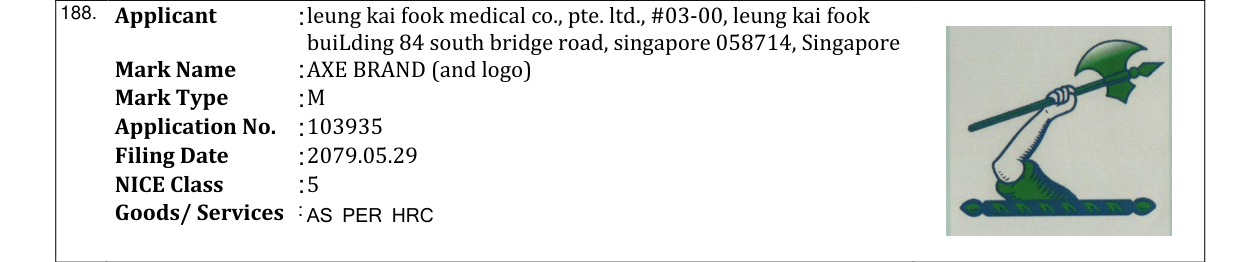 Original bulletin entry for AXE BRAND (and logo)