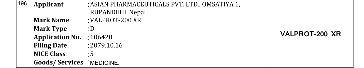 Original bulletin entry for VALPROT-200 XR