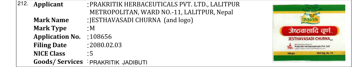 Original bulletin entry for JESTHAVASADI CHURNA (and logo)
