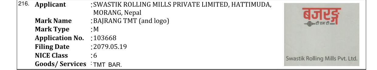 Original bulletin entry for BAJRANG TMT (and logo)