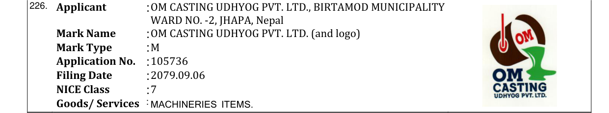 Original bulletin entry for OM CASTING UDHYOG PVT. LTD. (and logo)