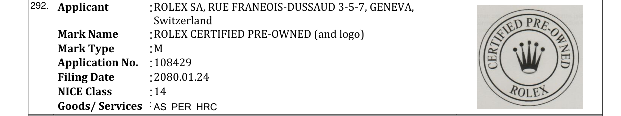 Original bulletin entry for ROLEX CERTIFIED PRE-OWNED (and logo)