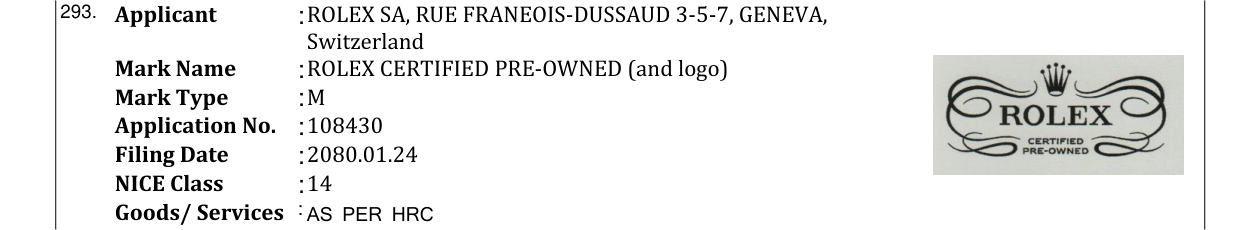 Original bulletin entry for ROLEX CERTIFIED PRE-OWNED (and logo)