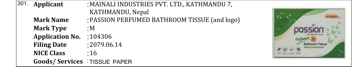 Original bulletin entry for PASSION PERFUMED BATHROOM TISSUE (and logo)