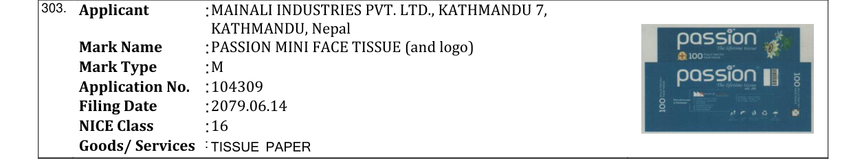 Original bulletin entry for PASSION MINI FACE TISSUE (and logo)