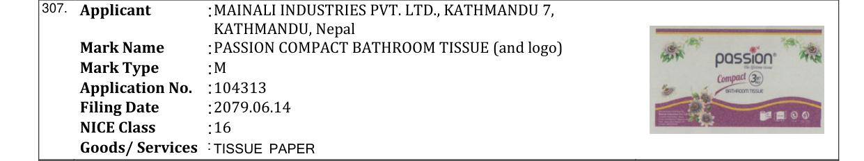 Original bulletin entry for PASSION COMPACT BATHROOM TISSUE (and logo)