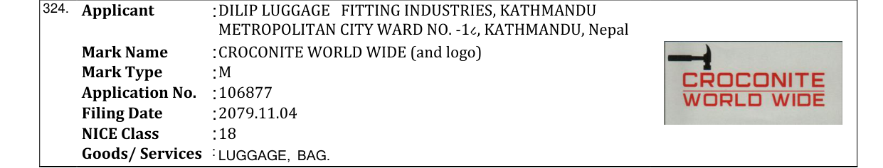 Original bulletin entry for CROCONITE WORLD WIDE (and logo)