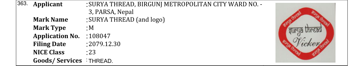 Original bulletin entry for SURYA THREAD (and logo)