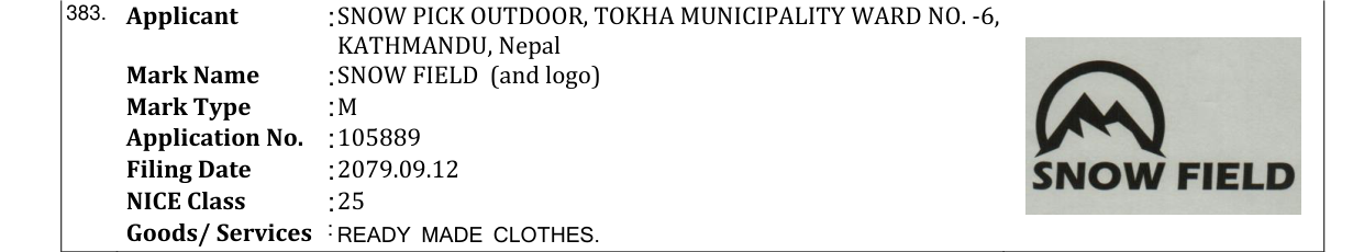 Original bulletin entry for SNOW FIELD (and logo)