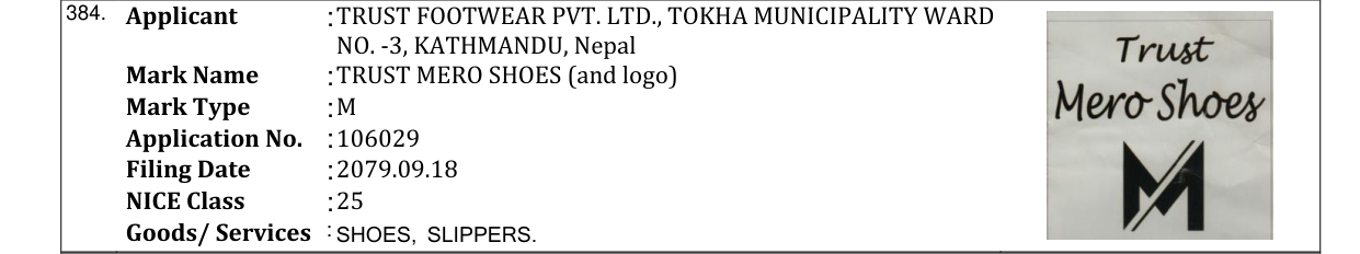 Original bulletin entry for TRUST MERO SHOES (and logo)