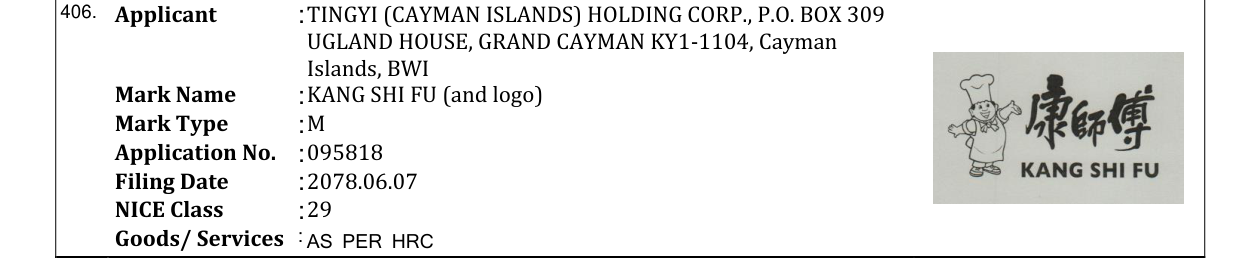 Original bulletin entry for KANG SHI FU (and logo)