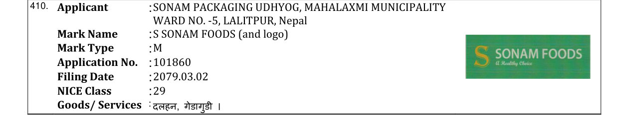 Original bulletin entry for S SONAM FOODS (and logo)