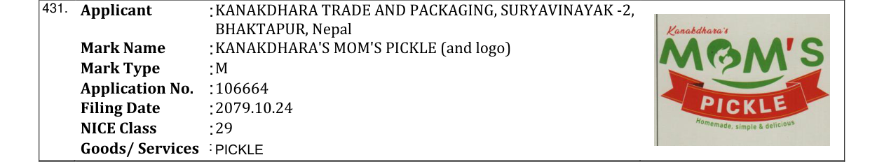 Original bulletin entry for KANAKDHARA'S MOM'S PICKLE (and logo)