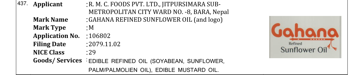 Original bulletin entry for GAHANA REFINED SUNFLOWER OIL (and logo)