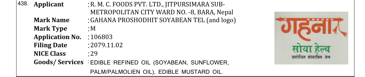 Original bulletin entry for GAHANA PROSHODHIT SOYABEAN TEL (and logo)