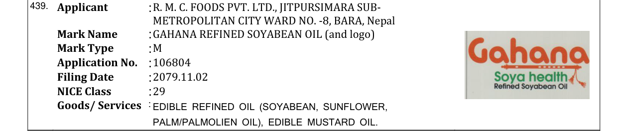 Original bulletin entry for GAHANA REFINED SOYABEAN OIL (and logo)