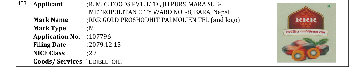 Original bulletin entry for RRR GOLD PROSHODHIT PALMOLIEN TEL (and logo)