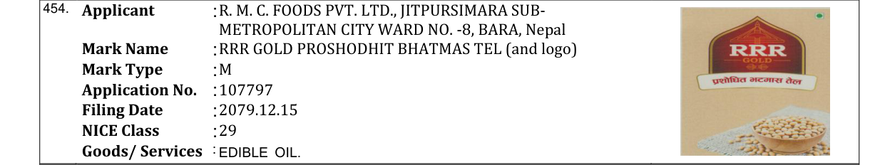 Original bulletin entry for RRR GOLD PROSHODHIT BHATMAS TEL (and logo)