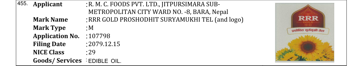 Original bulletin entry for RRR GOLD PROSHODHIT SURYAMUKHI TEL (and logo)